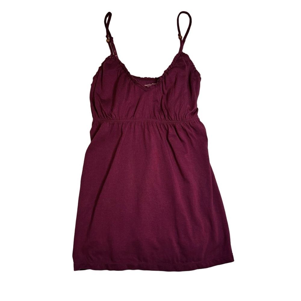 American Eagle Maroon Tank Top Size Medium Built In Shelf Bra Ruffled Neckline - Picture 3 of 11